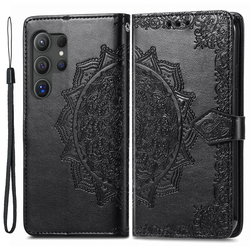 For Samsung Galaxy S24 Ultra Case Wallet Leather Cover Embossed Mandala Pattern - Black
