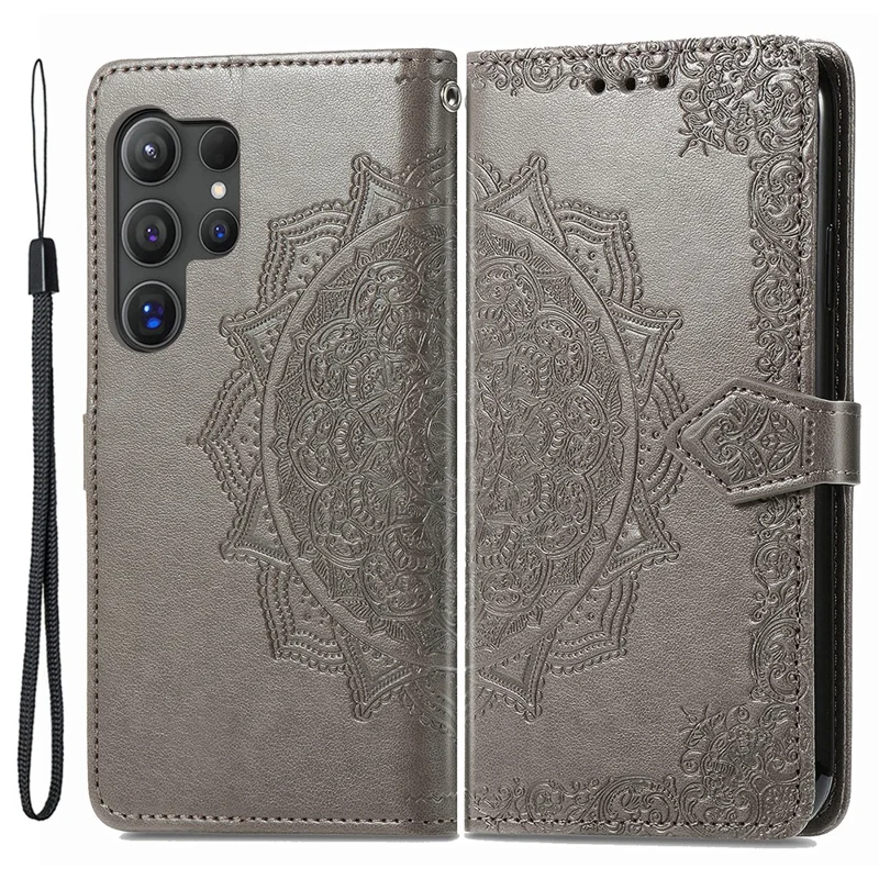 For Samsung Galaxy S24 Ultra Case Wallet Leather Cover Embossed Mandala Pattern - Grey