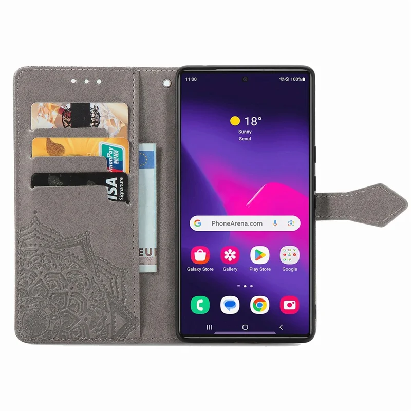 For Samsung Galaxy S24 Ultra Case Wallet Leather Cover Embossed Mandala Pattern - Grey