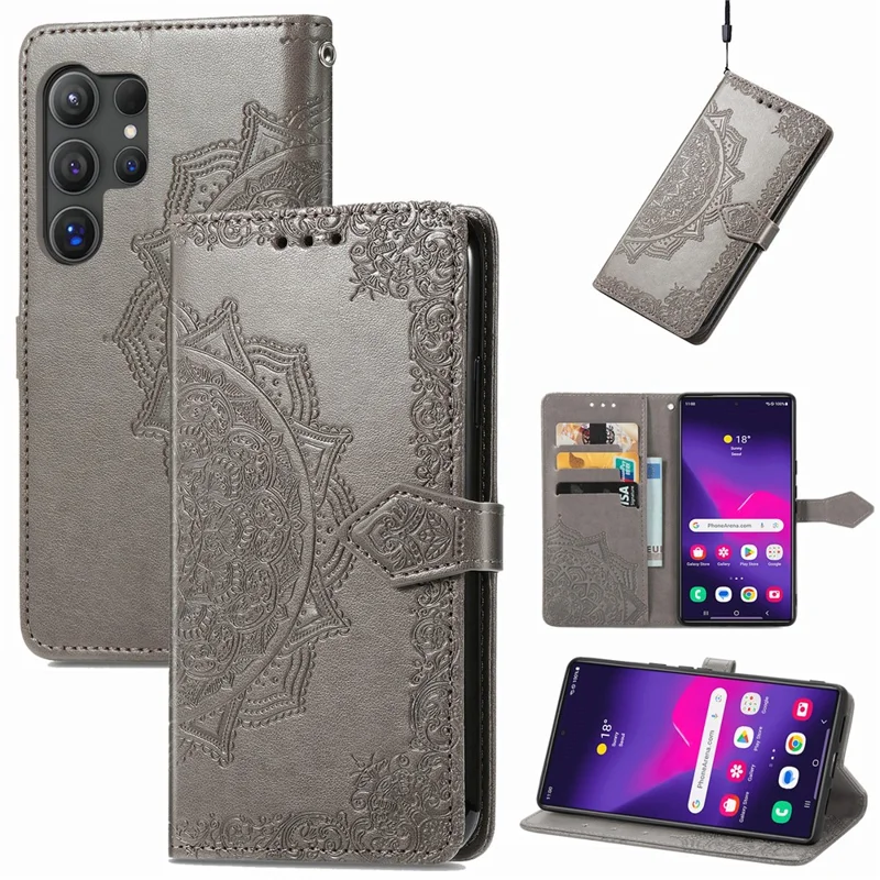 For Samsung Galaxy S24 Ultra Case Wallet Leather Cover Embossed Mandala Pattern - Grey