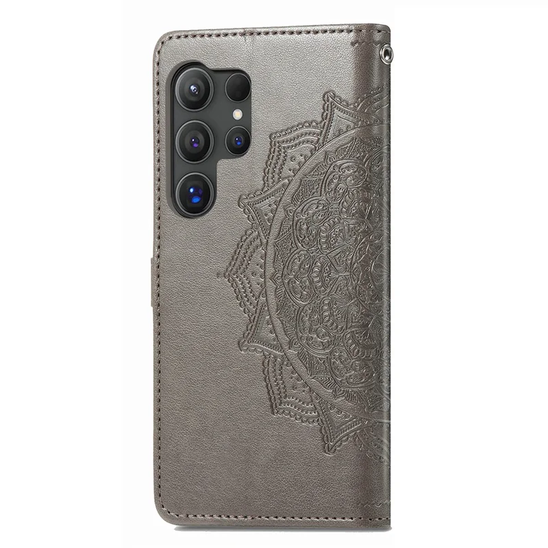For Samsung Galaxy S24 Ultra Case Wallet Leather Cover Embossed Mandala Pattern - Grey