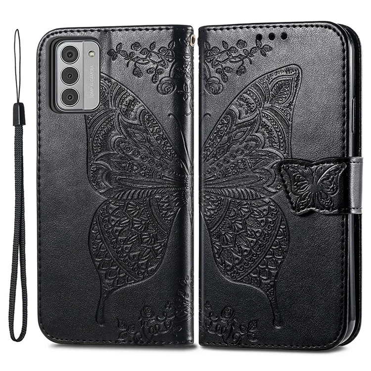 For Nokia G42 Leather Case Butterfly Pattern Phone Stand Cover - Black