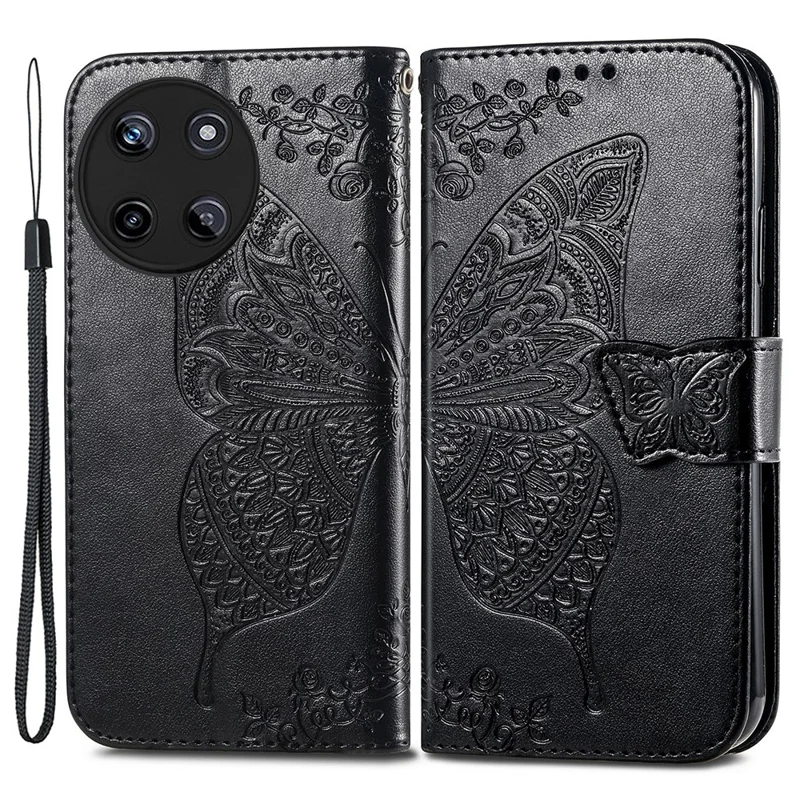 For Realme 11 4G (159.9x73.3x7.95mm) Wallet Case Butterfly Imprinted Leather Phone Cover - Black