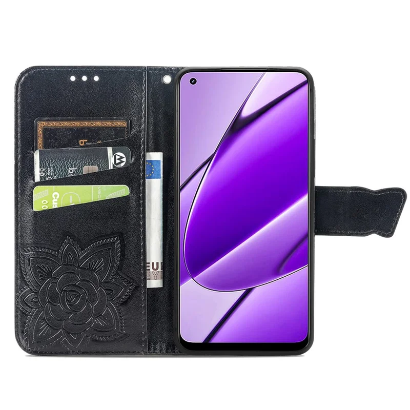 For Realme 11 4G (159.9x73.3x7.95mm) Wallet Case Butterfly Imprinted Leather Phone Cover - Black