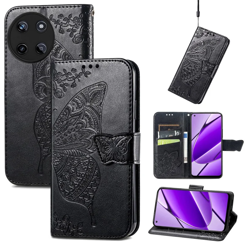 For Realme 11 4G (159.9x73.3x7.95mm) Wallet Case Butterfly Imprinted Leather Phone Cover - Black