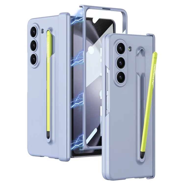 GKK For Samsung Galaxy Z Fold5 5G Phone Case with Tempered Glass Film and Stylus Pen - Baby Blue / Green Stylus