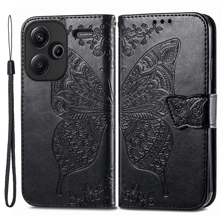 Para Xiaomi Redmi Note 13 Pro+ 5G Wallet Case Imprinted Butterfly Pattern PU Leather Phone Cover - Black