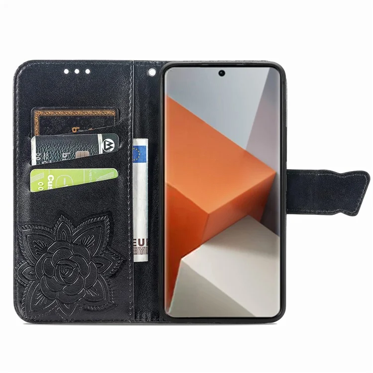 Para Xiaomi Redmi Note 13 Pro+ 5G Wallet Case Imprinted Butterfly Pattern PU Leather Phone Cover - Black