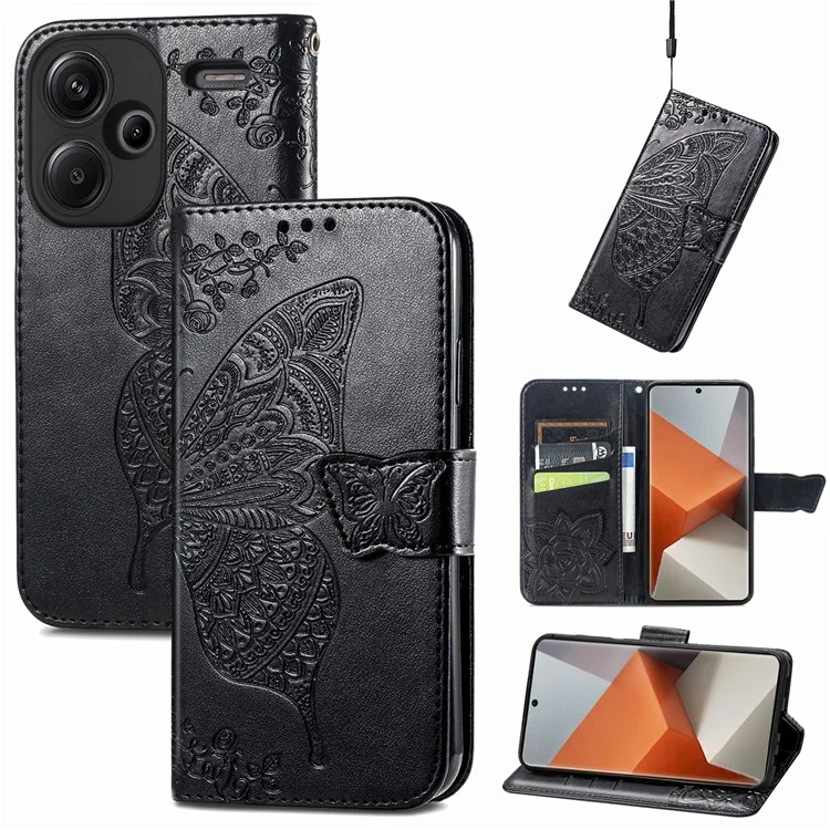 Para Xiaomi Redmi Note 13 Pro+ 5G Wallet Case Imprinted Butterfly Pattern PU Leather Phone Cover - Black