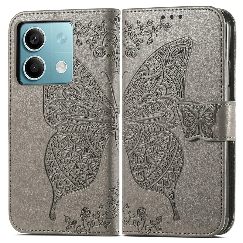 For Xiaomi Redmi Note 13 5G Case Butterfly Pattern Folio PU Leather Stand Phone Cover - Grey