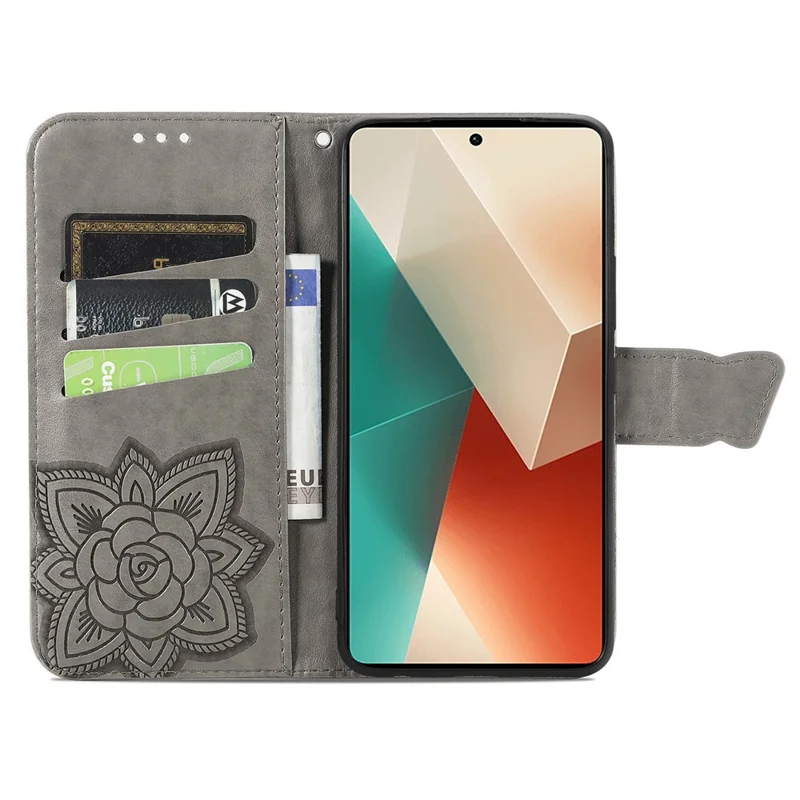 For Xiaomi Redmi Note 13 5G Case Butterfly Pattern Folio PU Leather Stand Phone Cover - Grey
