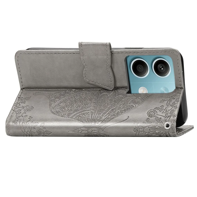 For Xiaomi Redmi Note 13 5G Case Butterfly Pattern Folio PU Leather Stand Phone Cover - Grey