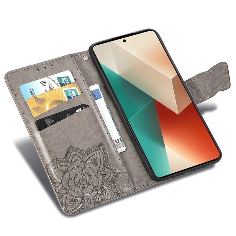 For Xiaomi Redmi Note 13 5G Case Butterfly Pattern Folio PU Leather Stand Phone Cover - Grey