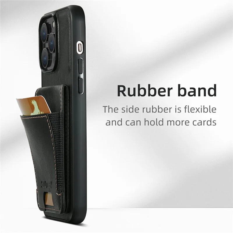 SUTENI H03 For iPhone 15 Pro Max Phone Case Kickstand Card Slots PU Leather Back Cover - Black