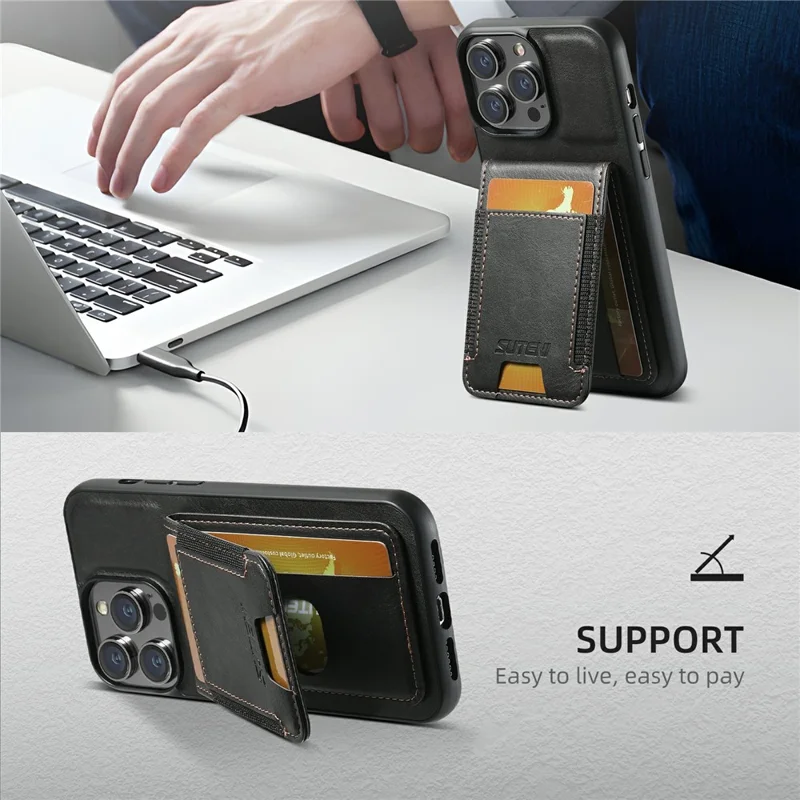 SUTENI H03 For iPhone 15 Pro Max Phone Case Kickstand Card Slots PU Leather Back Cover - Black