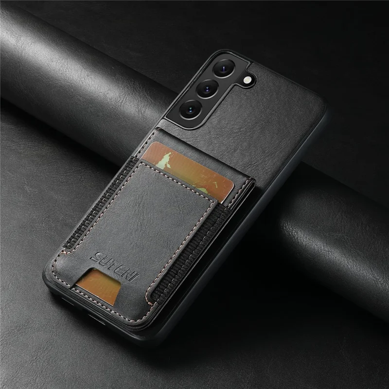 SUTENI H03 For Samsung Galaxy S22+ 5G Phone Case Card Holder Kickstand Shockproof Cover - Black