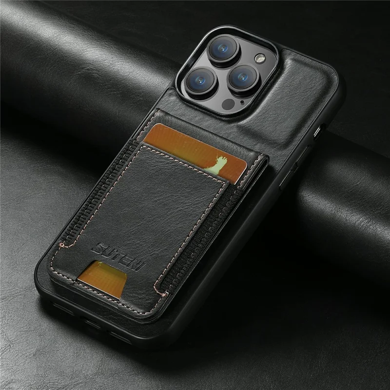 SUTENI H03 Чехол для iPhone 15 Pro с держателем для карт, подставкой и защитой - Черный