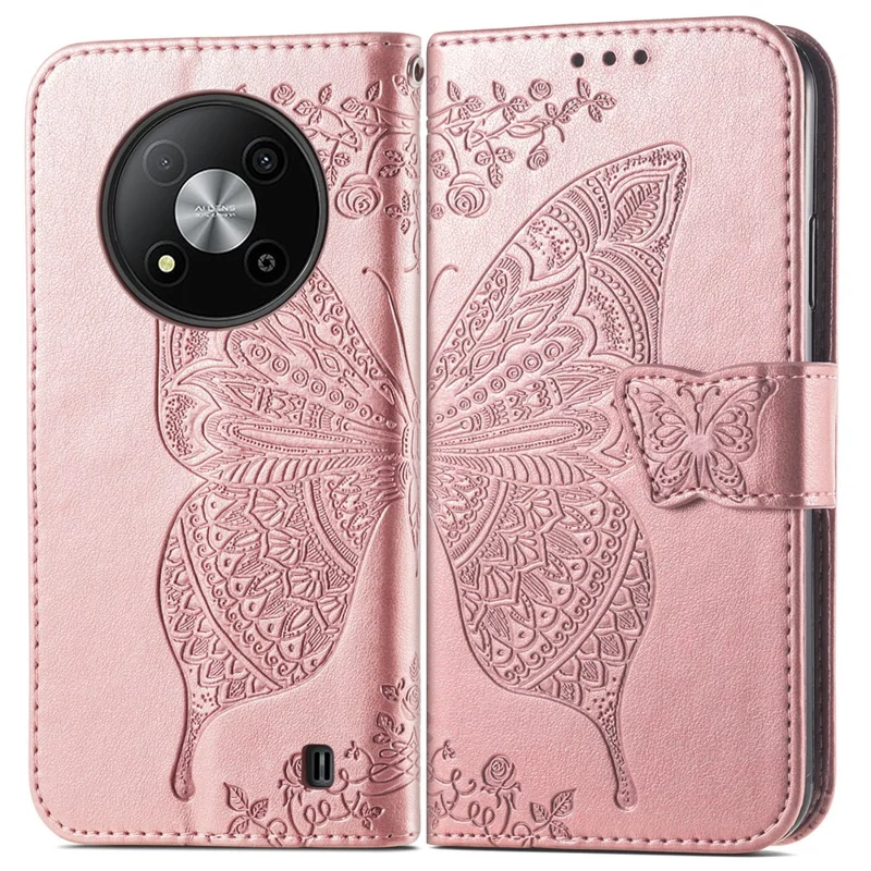 For ZTE Blade A73 5G Case Butterfly Pattern Phone Wallet Cover with Wrist Strap - Rose Gold