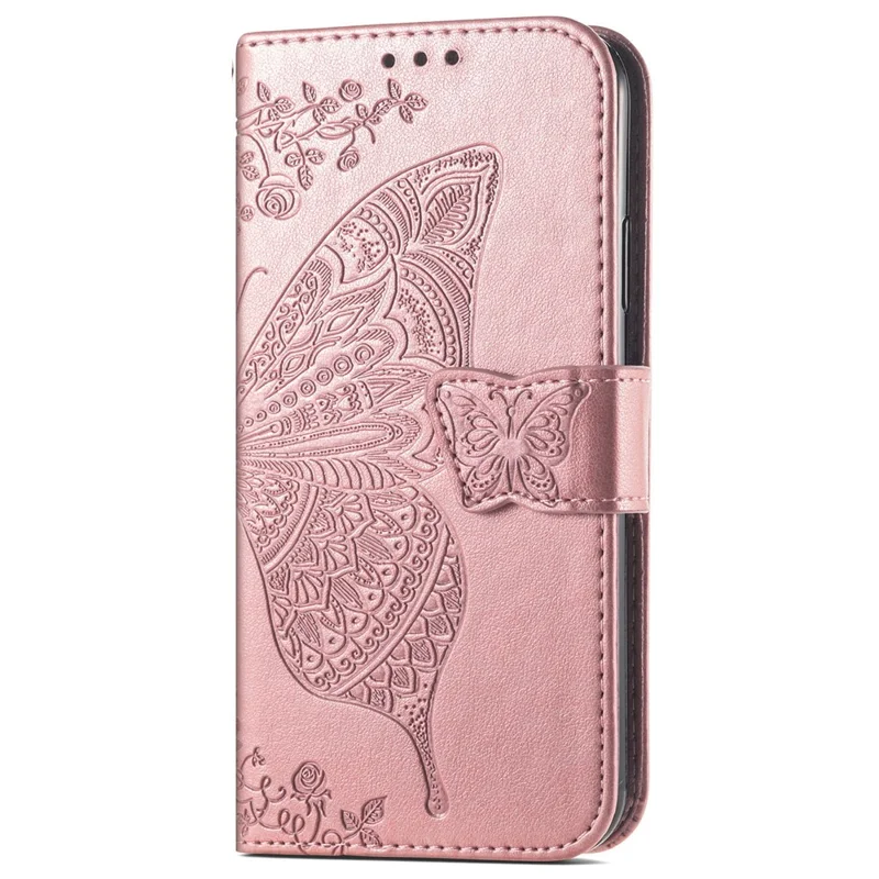 For ZTE Blade A73 5G Case Butterfly Pattern Phone Wallet Cover with Wrist Strap - Rose Gold