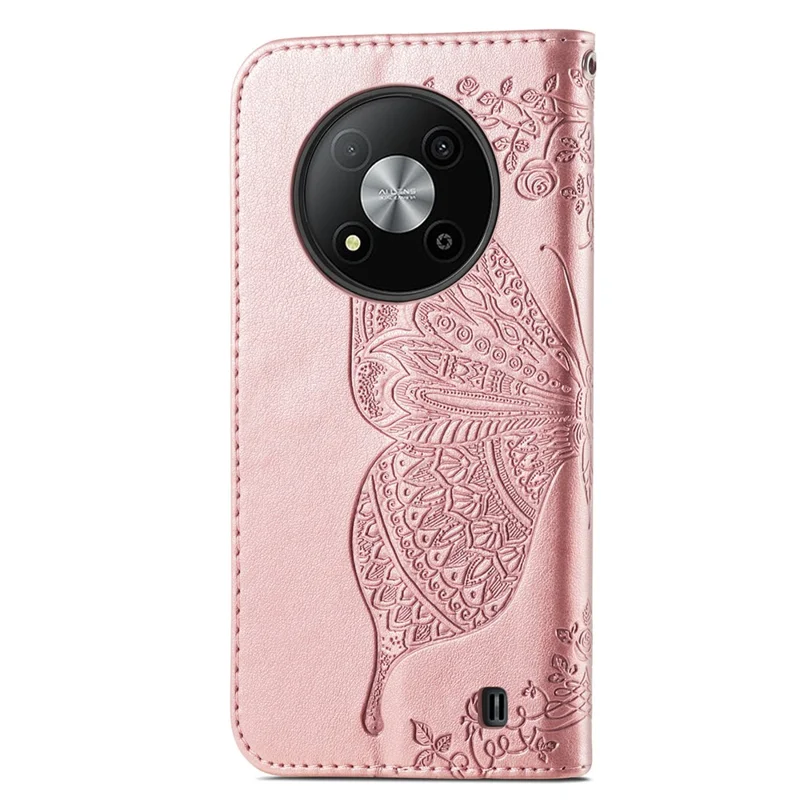 For ZTE Blade A73 5G Case Butterfly Pattern Phone Wallet Cover with Wrist Strap - Rose Gold