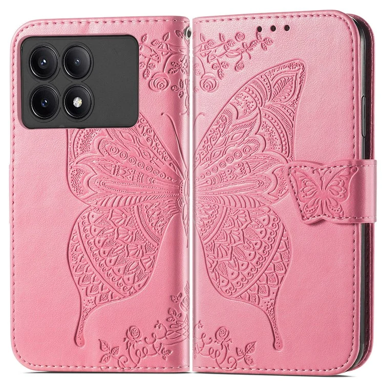 For Xiaomi Redmi K70E 5G / Poco X6 Pro 5G Phone Case Butterfly Pattern Folio Stand View Cover - Pink