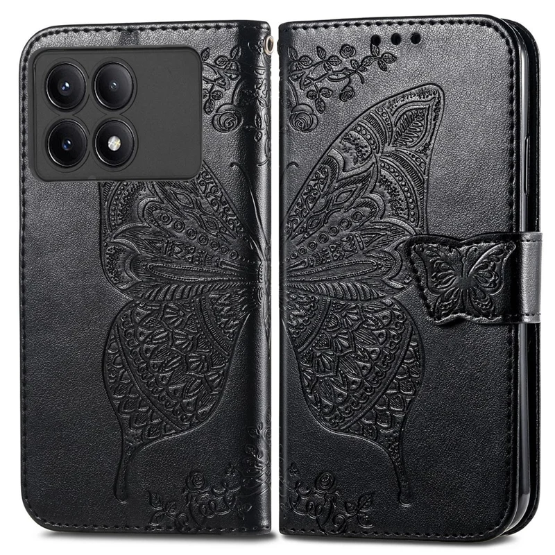 For Xiaomi Redmi K70E 5G / Poco X6 Pro 5G Phone Case Butterfly Pattern Folio Stand View Cover - Black