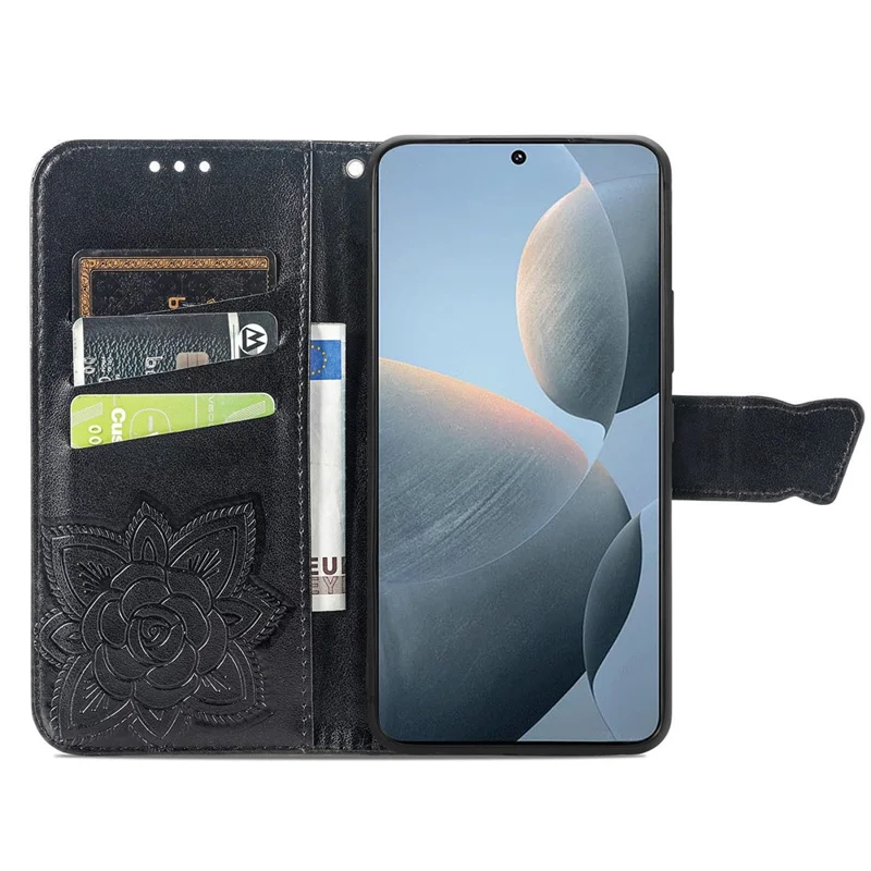 For Xiaomi Redmi K70E 5G / Poco X6 Pro 5G Phone Case Butterfly Pattern Folio Stand View Cover - Black