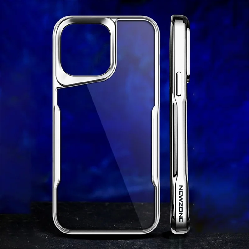 NEWZONE For iPhone 14 Pro Max Cell Phone Case Clear TPU+Acrylic Drop-proof Cover - Titanium Silver