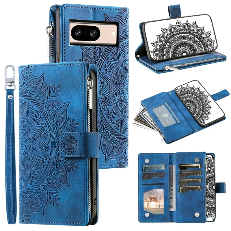 For Google Pixel 9 / Pixel 9 Pro PU Leather Case Mandala Flower Pattern Phone Cover Wallet - Blue