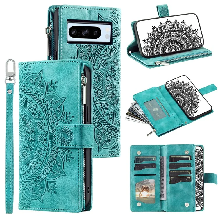 Para o Google Pixel 9 Pro XL Carteira Case PU Leather Wrist Strap Stand Feature Phone Cover - Verde