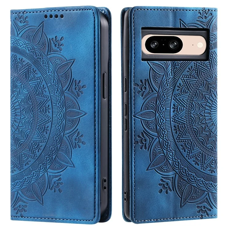 For Google Pixel 9 / Pixel 9 Pro Magnetic Phone Case Leather Imprinted Mandala Flower Pattern Cover - Blue