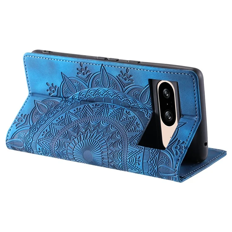 For Google Pixel 9 / Pixel 9 Pro Magnetic Phone Case Leather Imprinted Mandala Flower Pattern Cover - Blue