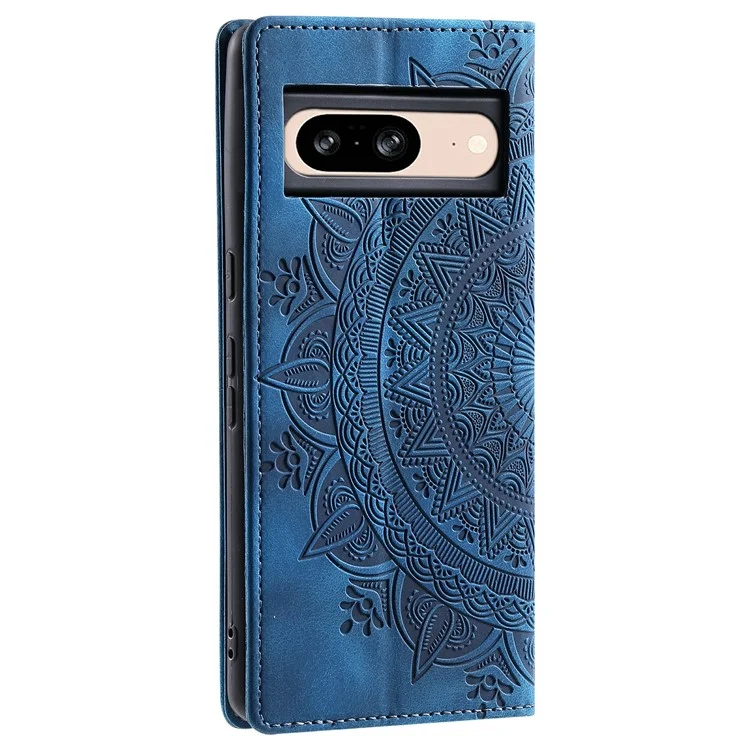 For Google Pixel 9 / Pixel 9 Pro Magnetic Phone Case Leather Imprinted Mandala Flower Pattern Cover - Blue