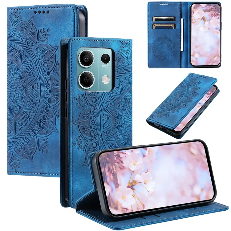 Para Xiaomi Redmi Note 13 5G Leather Case Imprinted Mandala Wallet Phone Cover - Azul