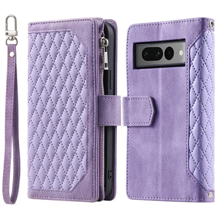 Für Google Pixel 9 Pro XL Handy Hülle Brieftasche Ständer Cover mit Rauten-Textur - Lila