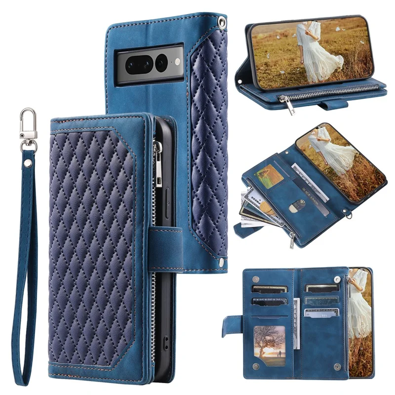 For Google Pixel 9 Pro XL Cell Phone Case Wallet Stand Cover with Rhombus Texture - Blue