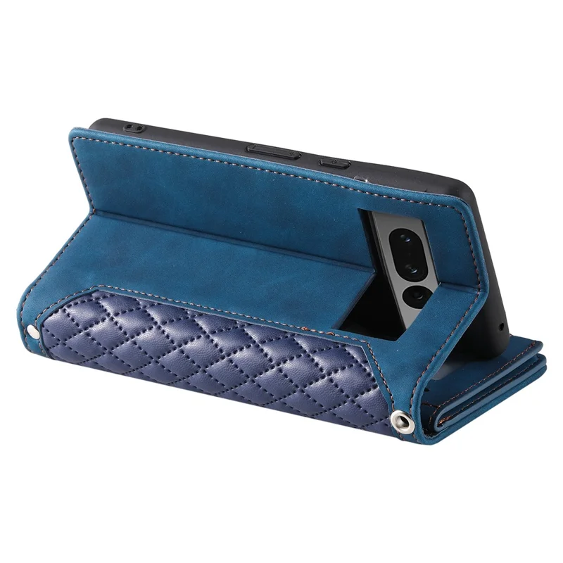 For Google Pixel 9 Pro XL Cell Phone Case Wallet Stand Cover with Rhombus Texture - Blue