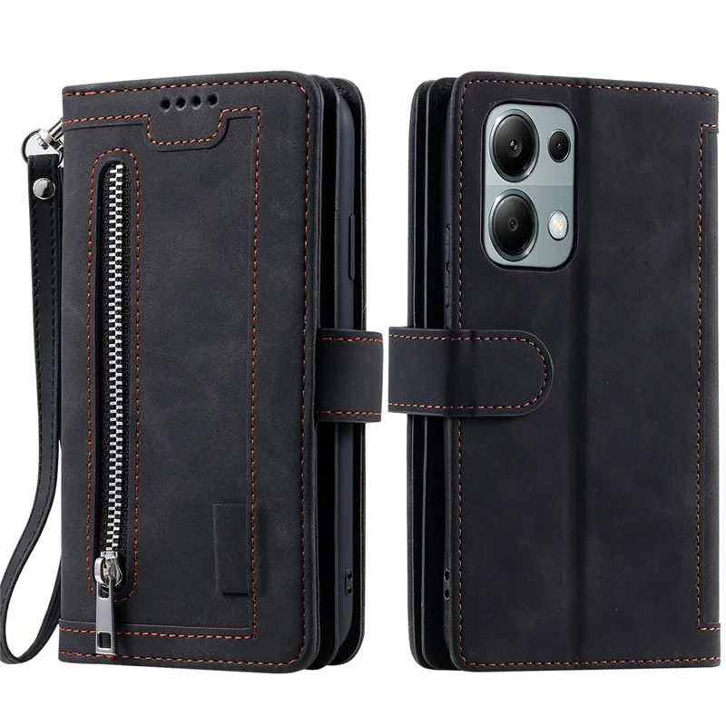 For Xiaomi Redmi Note 13 Pro 4G / Poco M6 Pro 4G Case Zipper Leather Cover with 9 Card Slots - Black