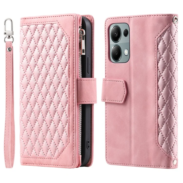 Para Xiaomi Redmi Note 13 Pro 4G / Poco M6 Pro 4G Funda con Bolsillo con Cremallera Funda de Teléfono de Cuero con Correa para la Muñeca - Oro Rosa