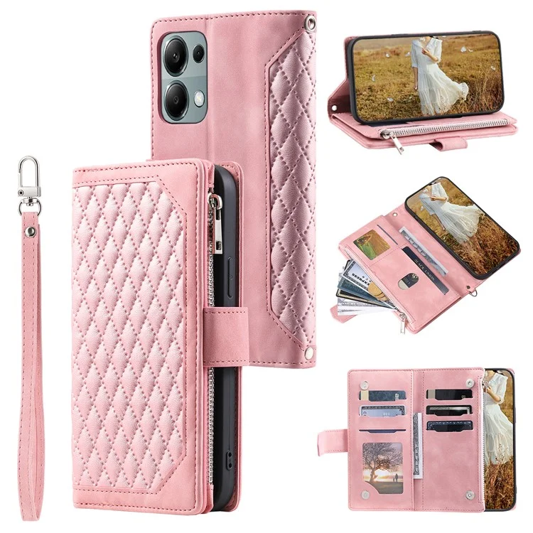 Para Xiaomi Redmi Note 13 Pro 4G / Poco M6 Pro 4G Funda con Bolsillo con Cremallera Funda de Teléfono de Cuero con Correa para la Muñeca - Oro Rosa