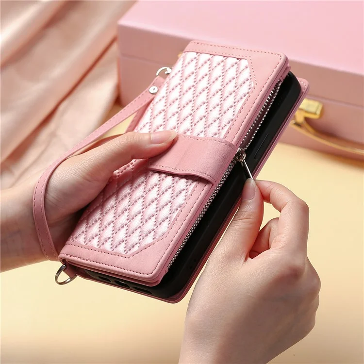 Para Xiaomi Redmi Note 13 Pro 4G / Poco M6 Pro 4G Funda con Bolsillo con Cremallera Funda de Teléfono de Cuero con Correa para la Muñeca - Oro Rosa