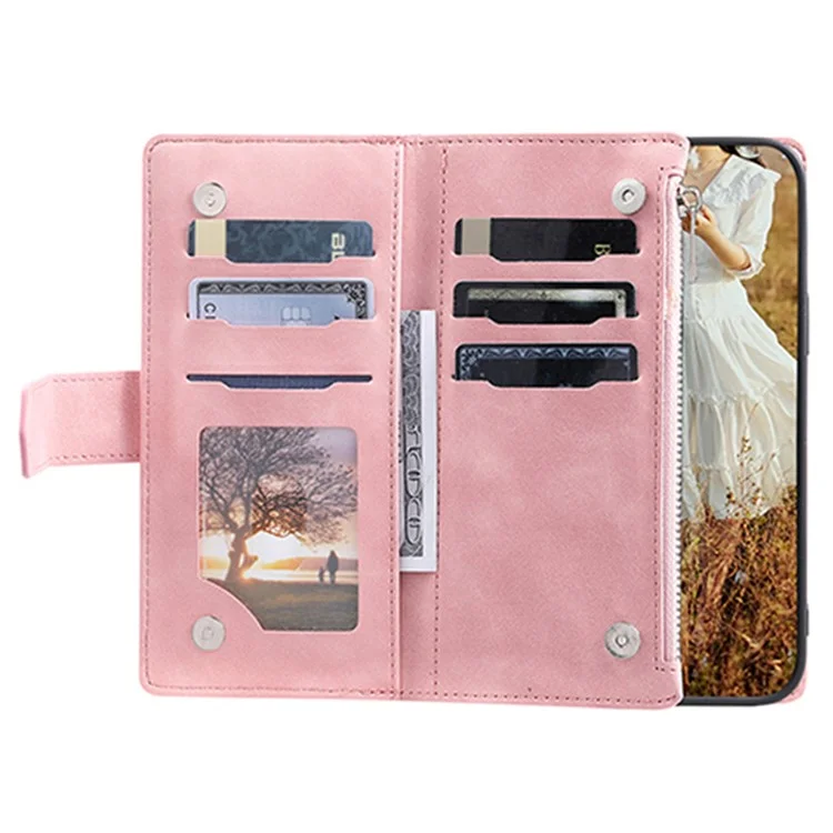 Para Xiaomi Redmi Note 13 Pro 4G / Poco M6 Pro 4G Funda con Bolsillo con Cremallera Funda de Teléfono de Cuero con Correa para la Muñeca - Oro Rosa