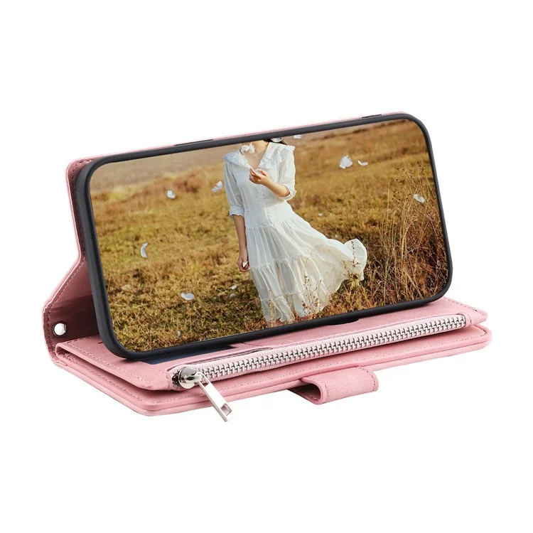Para Xiaomi Redmi Note 13 Pro 4G / Poco M6 Pro 4G Funda con Bolsillo con Cremallera Funda de Teléfono de Cuero con Correa para la Muñeca - Oro Rosa