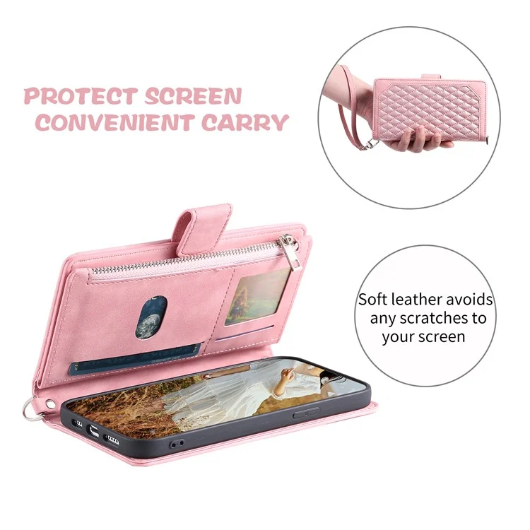 Para Xiaomi Redmi Note 13 Pro 4G / Poco M6 Pro 4G Funda con Bolsillo con Cremallera Funda de Teléfono de Cuero con Correa para la Muñeca - Oro Rosa