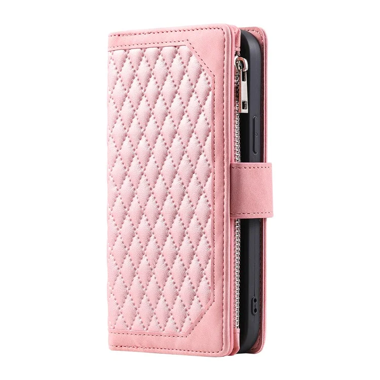 Para Xiaomi Redmi Note 13 Pro 4G / Poco M6 Pro 4G Funda con Bolsillo con Cremallera Funda de Teléfono de Cuero con Correa para la Muñeca - Oro Rosa