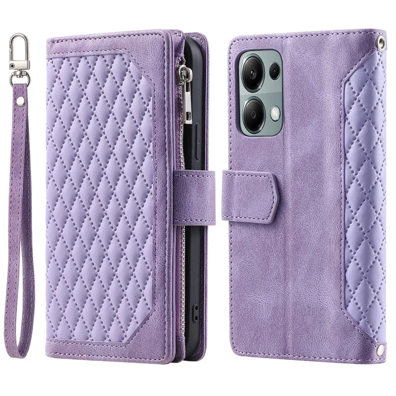 For Xiaomi Redmi Note 13 Pro 4G / Poco M6 Pro 4G Case Zipper Pocket Leather Phone Cover with Wrist Strap - Purple