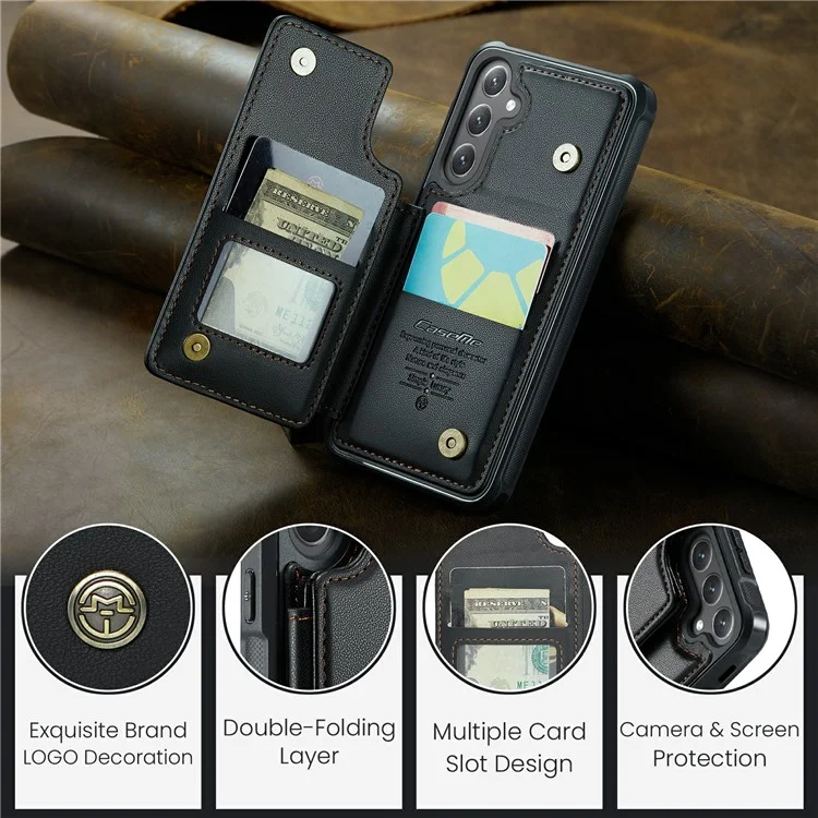 For Samsung Galaxy S24 Phone Case CASEME C22 Leather Back Cover with RFID Blocking Card Slots - Black