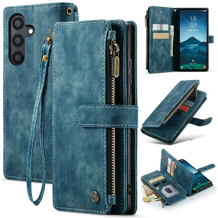 For Samsung Galaxy S24 Phone Cases with Strap CASEME C30 Zipper Multiple Card Holder PU Leather Cover - Blue