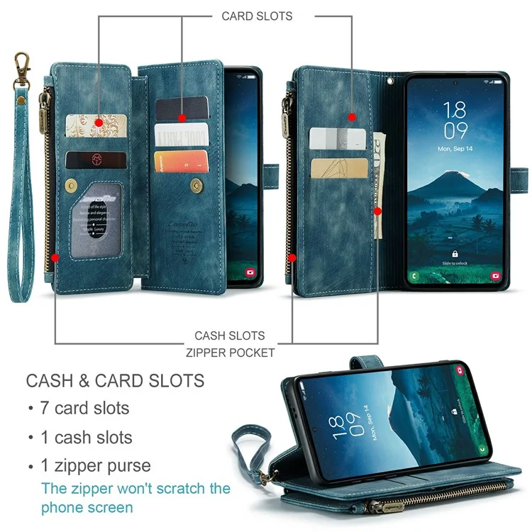 For Samsung Galaxy S24 Phone Cases with Strap CASEME C30 Zipper Multiple Card Holder PU Leather Cover - Blue