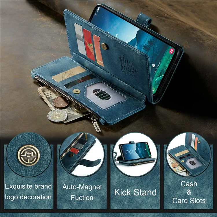 For Samsung Galaxy S24 Phone Cases with Strap CASEME C30 Zipper Multiple Card Holder PU Leather Cover - Blue